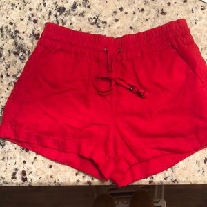 Red linen drawstring shorts